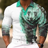billiga Pikétröja med djurtryck för män-Herr Björn Pikétröjor Golftröja Långärmad Polotröjor Skjortor med krage Ledigt Rolig Streetwear Semesterkläder Festkläder Knappar 3D-utskrift Blågrön Gul Blå