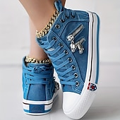 preiswerte Damen-Sneaker-Damen-High-Top-Sneaker aus blauem Denim mit Totenkopf-Anhängern und Reißverschluss-Detail – lässiger Retro-Stil für jeden Tag