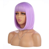 voordelige Synthetische trendy pruiken-korte bob haar pruiken 12 recht met platte pony synthetische kleurrijke cosplay dagelijkse feestpruik voor vrouwen natuurlijk als echt haar