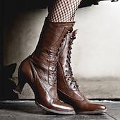 cheap 1920s-Women&#039;s Brown Faux Leather Victorian Lace-Up Boots with Low Heel - Classic and Elegant for Cosplay, Costume Parties, and Vintage-Inspired Outfits