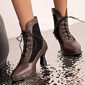 abordables Botines-Botines blancos con cordones para mujer, paneles bordados y tacón medio: estilo victoriano elegante para ocasiones formales