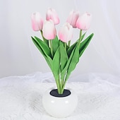 baratos Luzes decorativas-Candeeiro de mesa de flor de tulipa 6 pçs tulipas led de simulação de luz noturna flor em vaso luz de noite presente para sua festa de aniversário decoração de quarto de casamento