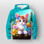 billiga Flickans 3D-djur-Flickor 3D Blommig Tecknat Katt Huvtröja Långärmad 3D-tryck Höst Vinter Aktiv Mode söt stil Barn 3-12 år Utomhus Ledigt Dagligen Normal