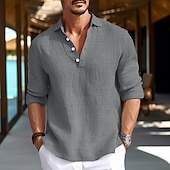 voordelige Vakantie-Voor heren Overhemd linnen overhemd Zomer overhemd Strand Kleding Normaal shirt Overhemd met knopen Effen Vakantie Curise Zwart Wit blauw Groen Lange mouw Strijkijzer Lente zomer Kleding