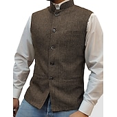 preiswerte Men&#039;s Vest-Herren Weste Nehru-Jacke Urlaub Alltagskleidung Ausgehen Mode Basic Frühling &amp; Herbst Knöpfe Polyester Bequem Einfach Einreihig Stehkragen Normale Passform Silber Wein Schwarz Blau Weste
