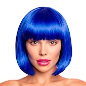 cheap Carnival Wigs-Blue Bob Wig With Bangs 12 Inch Royal Blue Wig Short Synthetic Fiber Bob Wigs for Women Short Bob Wigs and Halloween Cosplay Bob Wig
