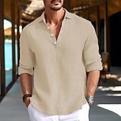 voordelige Vakantie-Voor heren Overhemd linnen overhemd Zomer overhemd Strand Kleding Normaal shirt Overhemd met knopen Effen Vakantie Curise Zwart Wit blauw Groen Lange mouw Strijkijzer Lente zomer Kleding