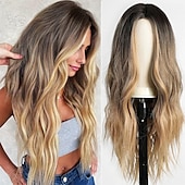 economico Parrucche trendy sintetiche-Parrucca ondulata lunga ombre bionda mista marrone evidenziata per le donneParrucca ondulata riccia parte centrale Parrucca in fibra sintetica resistente al calore dall&#039;aspetto naturale per l&#039;uso