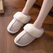 abordables Claquettes et tongs femme-pantoufles confortables doublées de polaire pour femmes avec col en fausse fourrure - chaussures d&#039;intérieur chaudes pour l&#039;hiver en rose et gris