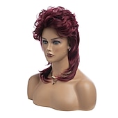 economico Parrucche storiche-Parrucche mullet per donne rosso vino lunga stratificata capelli rocker anni '70 '80 parrucca sintetica cosplay parrucche di Halloween