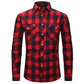 preiswerte Hemdjacke für Herren-Herren Hemd Flanellhemd Kariertes Hemd Knopfhemd Overshirt Karo Outdoor Alltagskleidung Weiß Wein Rote Marineblau Langarm Revers Frühling &amp; Herbst Bekleidung Fronttasche