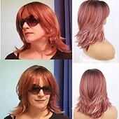 abordables Pelucas sintéticas de moda-peluca rosa ondulada en capas pelucas rosas cortas con flequillo para mujeres pelucas rosa ombre rizadas en capas de 14 pulgadas con raíces oscuras pelucas de reemplazo de cabello sintético de aspecto