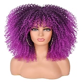 economico Parrucche di altissima qualità-Parrucche ricci da 16 pollici per donne nere parrucca riccia afro bomba nera con frangia capelli ricci crespi lunghi senza colla in fibra sintetica