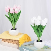 baratos Luzes decorativas-Candeeiro de mesa de flor de tulipa 6 pçs tulipas led de simulação de luz noturna flor em vaso luz de noite presente para sua festa de aniversário decoração de quarto de casamento