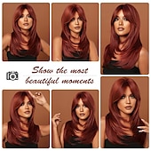 cheap Synthetic Trendy Wigs-Red Wigs for WomenLong Layered Wigs with Bangs Heat Resistant Synthetic Fibre Wigs Halloween Cosplay Party Wigs