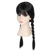 economico Parrucche dei personaggi dei film-mercoledì addams parrucche ragazze parrucca per bambini parrucca lunga liscia nera intrecciata con frangia parrucca da festa parrucche di carnevale