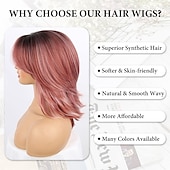 abordables Pelucas sintéticas de moda-peluca rosa ondulada en capas pelucas rosas cortas con flequillo para mujeres pelucas rosa ombre rizadas en capas de 14 pulgadas con raíces oscuras pelucas de reemplazo de cabello sintético de aspecto