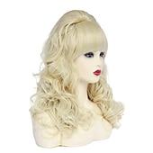 levne Historické paruky-Dlouhá vlnitá blond paruka s ofinou velká bouffant včelí úl paruky pro ženy vhodná na kostým z 80. let nebo karnevalovou párty paruky na Halloween