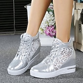 economico Sneakers da donna-sneakers da donna con zeppa traspiranti e pannello in pizzo – comode scarpe alte con lacci per uscite casual e abbigliamento estivo