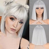 cheap Synthetic Trendy Wigs-Short Bob White Wig with Bangs Silver White Short Wigs for Women Straight Bob White Cospaly Hair Wig for Daily Party Halloween