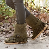 olcso Slouch Boots-női rojtos velúr mokaszin csizma csatos részletekkel - lezser és kényelmes western stílusú bokacsizma