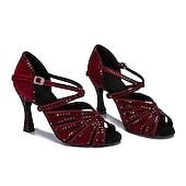 cheap Latin Shoes-Women&#039;s Latin Dance Shoes Professional Sparkling Shoes Party Stylish Sparkling Glitter Flared Heel Open Toe Buckle Adults&#039; Drak Red