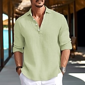 voordelige Vakantie-Voor heren Overhemd linnen overhemd Zomer overhemd Strand Kleding Normaal shirt Overhemd met knopen Effen Vakantie Curise Zwart Wit blauw Groen Lange mouw Strijkijzer Lente zomer Kleding