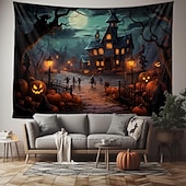 billiga halloween väggtapeter-halloween jack o lykta pumpa hängande gobeläng väggkonst stor gobeläng väggmålning dekor fotografi bakgrund filt gardin hem sovrum vardagsrum läskig stad herrgård halloween dekorationer