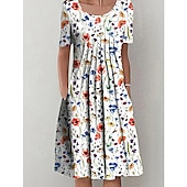 preiswerte Blumenkleid-Damen Midi Kleid Freizeitkleid Floral Kleid Weiß Kurzarm Floral Raffung Frühling Sommer Rundhalsausschnitt Basic Alltag Urlaub Wochenende