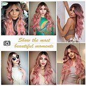 abordables Perruques Synthétiques Sans Bonnet-longue perruque rose pâle ondulée pour les femmes frange perruque cheveux synthétiques bouclés aspect naturel fibre résistante à la chaleur pour la fête quotidienne cosplay porter
