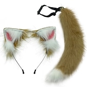 abordables Accesorios para el peinado del cabello-Conjunto de orejas y cola de bestia simulada, bonita cola de zorro de peluche, banda para el pelo con oreja de Lobo ajustable, accesorios para orejas de zorro