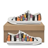 economico Sneakers da donna-Sneakers da donna in tela con stampa di gatti colorati – graziose scarpe casual con lacci per gli amanti dei gatti, da indossare tutti i giorni e per le passeggiate