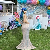 tanie Peruki karnawałowe-długa falowana niebieskozielona peruka syreny z grzywką ciemnoniebieska jasnofioletowa i zielona ombre kręcone peruki małej syrenki ariel imprezy cosplay peruka strój dla kobiet i dziewcząt peruki