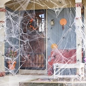 tanie Dekoracje na Halloween na zewnątrz-Halloweenowe pajęczyny 2*3 m z 40 dodatkowymi fałszywymi pająkami, super rozciągliwe pajęczyny do dekoracji na Halloween wewnątrz i na zewnątrz