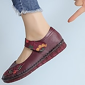 olcso Női lapos sarkú cipők-női piros bőr mezítlábas mary jane flats – hímzett virágos alkalmi kényelmes cipő tépőzáras pántokkal