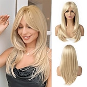 abordables Perruques Synthétiques Sans Bonnet-perruques blondes platine pour femmes perruque en couches avec frange 22 pouces longueur d&#039;épaule perruque perruque de cheveux synthétiques d&#039;aspect naturel pour une utilisation quotidienne