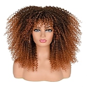 economico Parrucche di altissima qualità-Parrucche ricci da 16 pollici per donne nere parrucca riccia afro bomba nera con frangia capelli ricci crespi lunghi senza colla in fibra sintetica