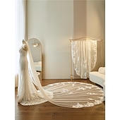 cheap Wedding Veils-One-tier Lace Applique Edge / Lace Wedding Veil Cathedral Veils with Embroidery / Appliques / Paillette 137.8 in (350cm) Tulle