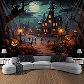billiga halloween väggtapeter-halloween jack o lykta pumpa hängande gobeläng väggkonst stor gobeläng väggmålning dekor fotografi bakgrund filt gardin hem sovrum vardagsrum läskig stad herrgård halloween dekorationer