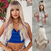abordables Perruques Synthétiques Sans Bonnet-longue perruque rose pâle ondulée pour les femmes frange perruque cheveux synthétiques bouclés aspect naturel fibre résistante à la chaleur pour la fête quotidienne cosplay porter
