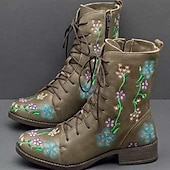 cheap Ankle Boots-Women&#039;s Vintage Floral Embroidered Lace-Up Ankle Boots - Bohemian Style Leather Boots with Side Zipper for Fall and Winter