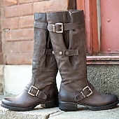 cheap Biker Boots-Women&#039;s Purple Faux Leather Knee-High Boots with Buckle Straps and Side Zipper, Vintage Style Motorcycle Boots for Outdoor and Casual Wear
