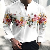 billige Plantemønster-Herre Blomstret Skjorte Skjorte med knapper Langermet Mote Gatemote Designer utendørs Avslappet Daglig Sommer Høst V-hals Trykt mønster Gul Rød Blå Lilla Grønn