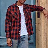 preiswerte Hemdjacke für Herren-Herren Hemd Flanellhemd Kariertes Hemd Knopfhemd Overshirt Karo Outdoor Alltagskleidung Weiß Wein Rote Marineblau Langarm Revers Frühling &amp; Herbst Bekleidung Fronttasche
