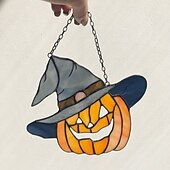 cheap Halloween Hanging &amp; Tabletop Decorations-Stained Glass Pumpkin in a hat Fall Orange Halloween Suncatcher Picture Home Decor Window Wall Hangings Cling Nature Ornament Gift House