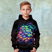 billiga Pojkens 3D Vision &amp; Geometri-Pojkar 3D Grafisk Geometrisk Färgblock Huvtröja Långärmad 3D-tryck Vår Höst Vinter Mode Streetwear Häftig Barn 3-12 år Utomhus Ledigt Dagligen Normal