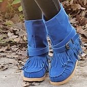 olcso Slouch Boots-női rojtos velúr mokaszin csizma csatos részletekkel - lezser és kényelmes western stílusú bokacsizma