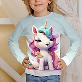 billiga Flickans 3D-tecknad film-Flickor 3D Grafisk Tecknat Enhörnings T-shirt Långärmad 3D-tryck Sommar Höst Aktiv Mode söt stil Barn 3-12 år Utomhus Ledigt Dagligen Normal