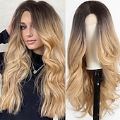 economico Parrucche trendy sintetiche-Parrucca ondulata lunga ombre bionda mista marrone evidenziata per le donneParrucca ondulata riccia parte centrale Parrucca in fibra sintetica resistente al calore dall&#039;aspetto naturale per l&#039;uso