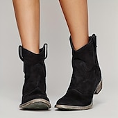 abordables Bottines-bottines western en faux daim marron pour femmes – bottes de cowboy à talon bas de style vintage pour tenues décontractées